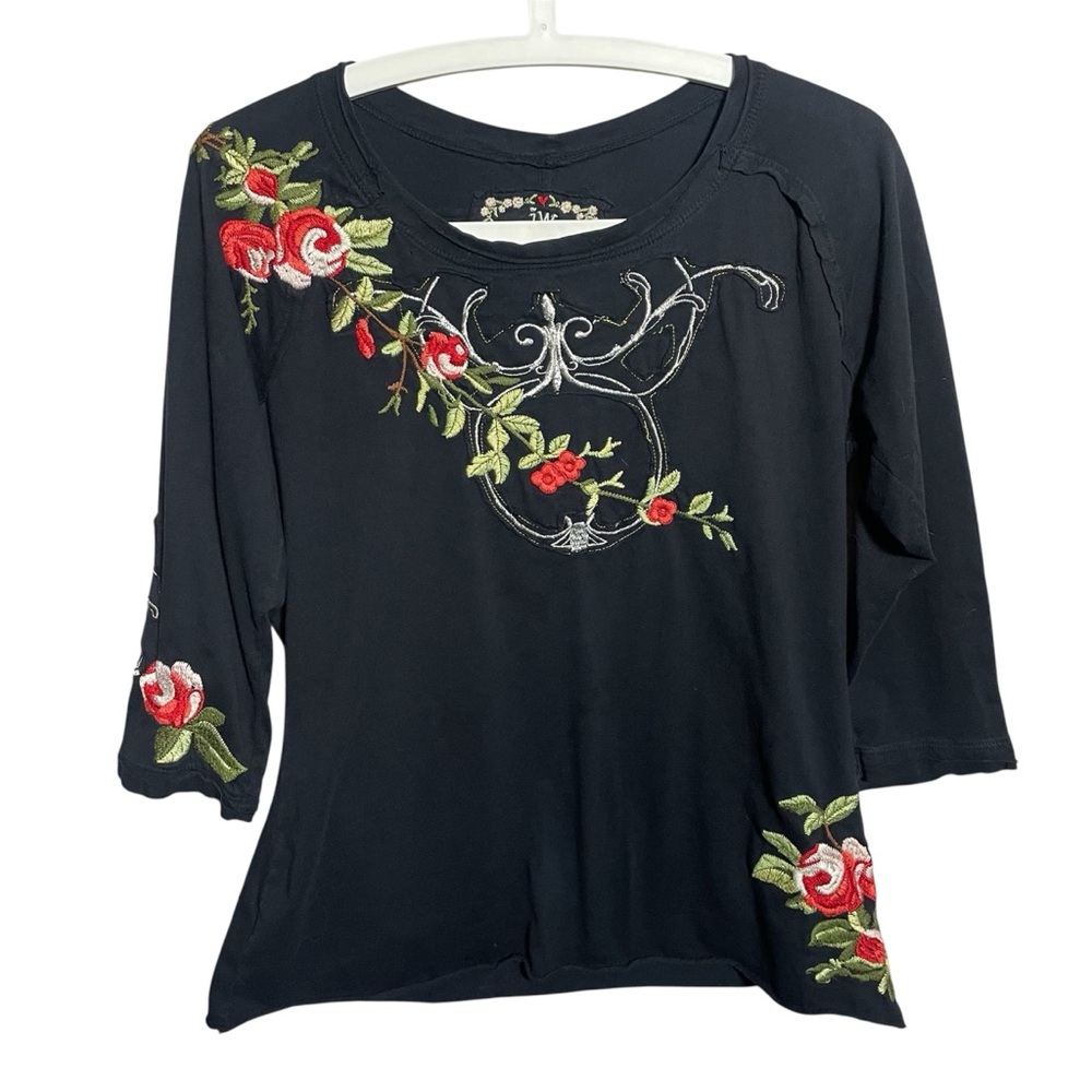 Johnny Was Floral Embroidered Black Knit Cotton Shirt